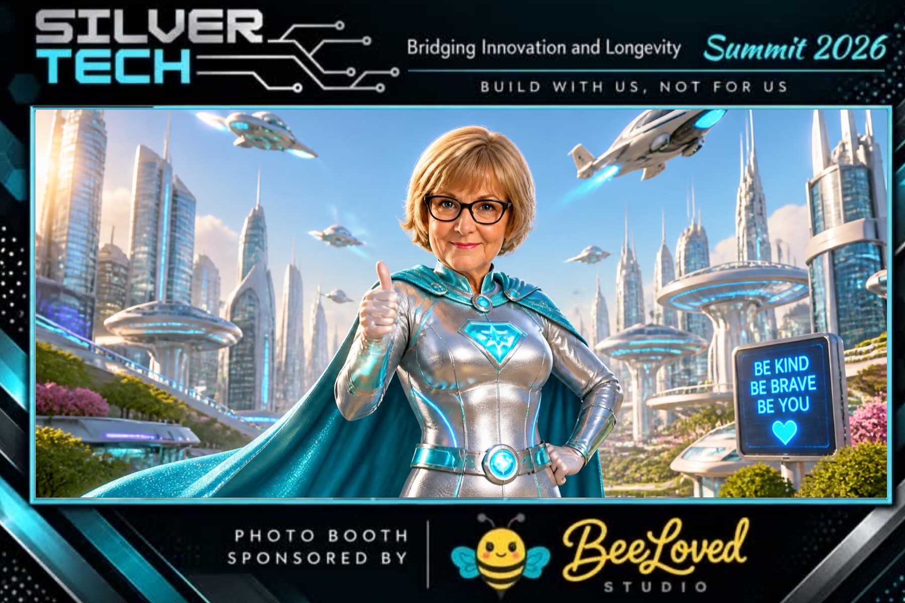 SilverTech Summit 2026 photo booth picture: a smiling attendee in a silver superhero suit giving a thumbs up in a futuristic city