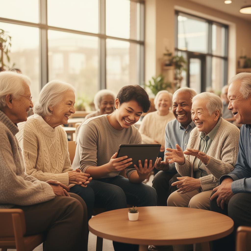 Older adults sharing a conversation with a younger person around a tablet